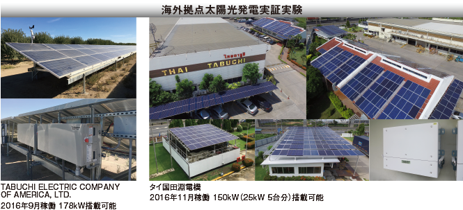 海外拠点太陽光発電実証実験　TABUCHI ELECTRIC COMPANY OF AMERICA 2016年9月稼働 178kW搭載可能　タイ国田淵電機 2016年11月稼働 150kW（25kW 5台分）搭載可能